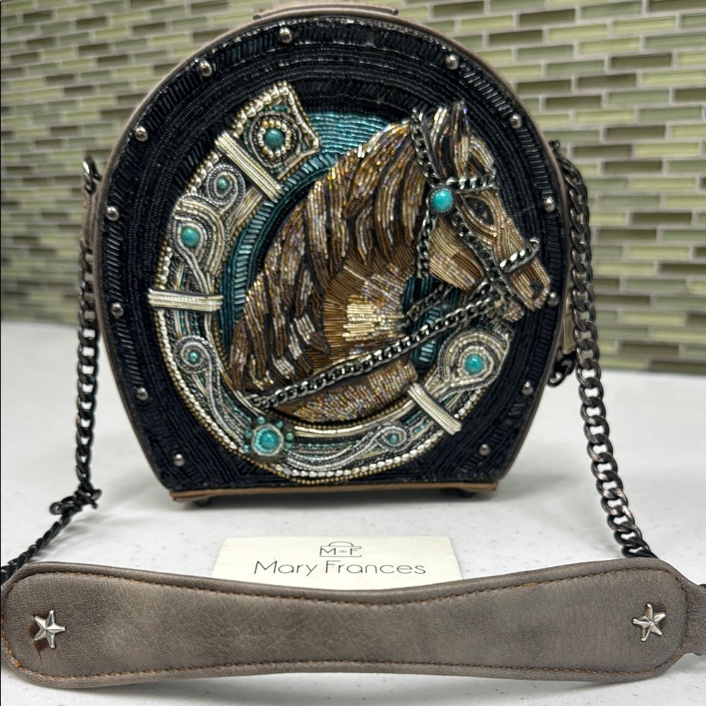Mary Frances Black and Gold Crossbody Bag with Horse Motif